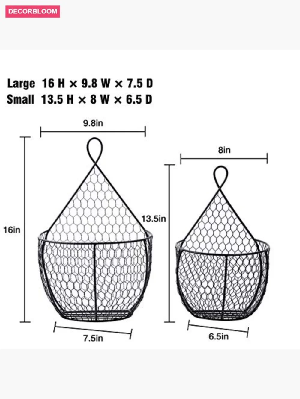 Set of 2 Black Wire Wall Mounted Storage Baskets for Kitchen Fruits Veggies